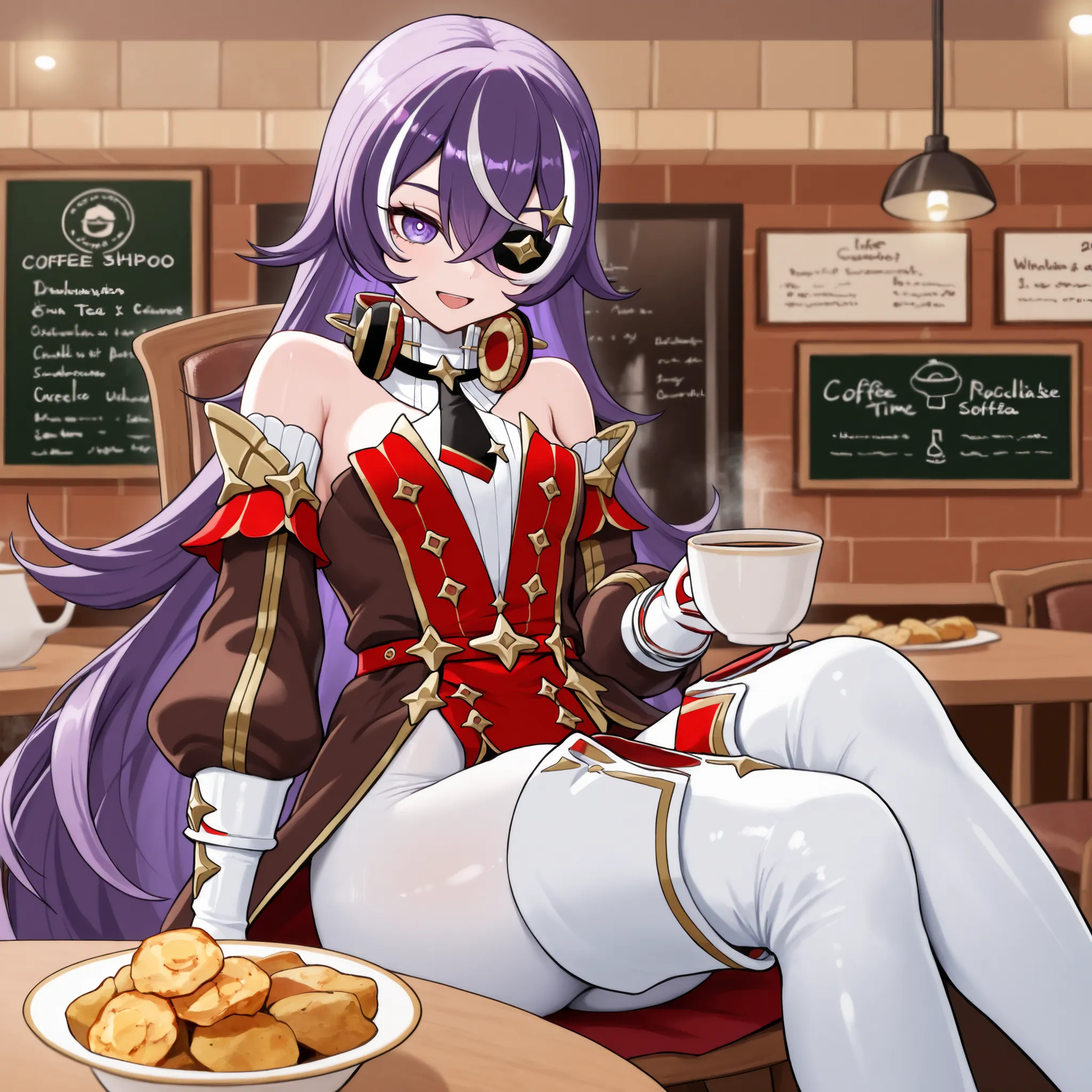 masterpiece, top quality, solo, Curvy,, zzChevreuse, PURPLE EYES, hair between the eyes, Long Hair, multicolored hair, purple hair, striped hair, white hair, has, earmuffs, eye patch, bare shoulders, Gold trim, 黒 butt under pants, butt under pants, Puff Sl...