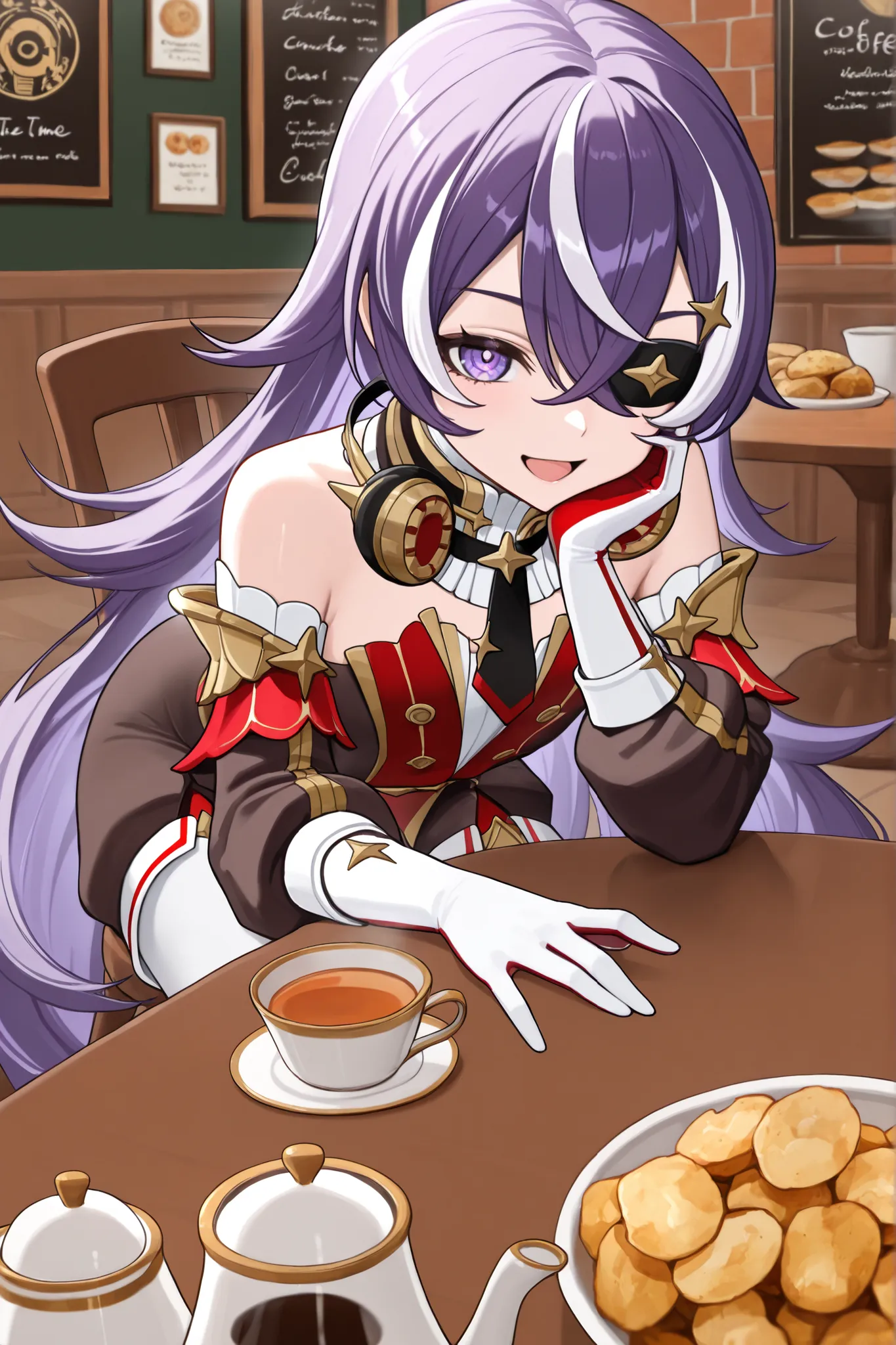 masterpiece, top quality, solo, Curvy,, zzChevreuse, PURPLE EYES, hair between the eyes, Long Hair, multicolored hair, purple hair, striped hair, white hair, has, earmuffs, eye patch, bare shoulders, Gold trim, 黒 butt under pants, butt under pants, Puff Sl...