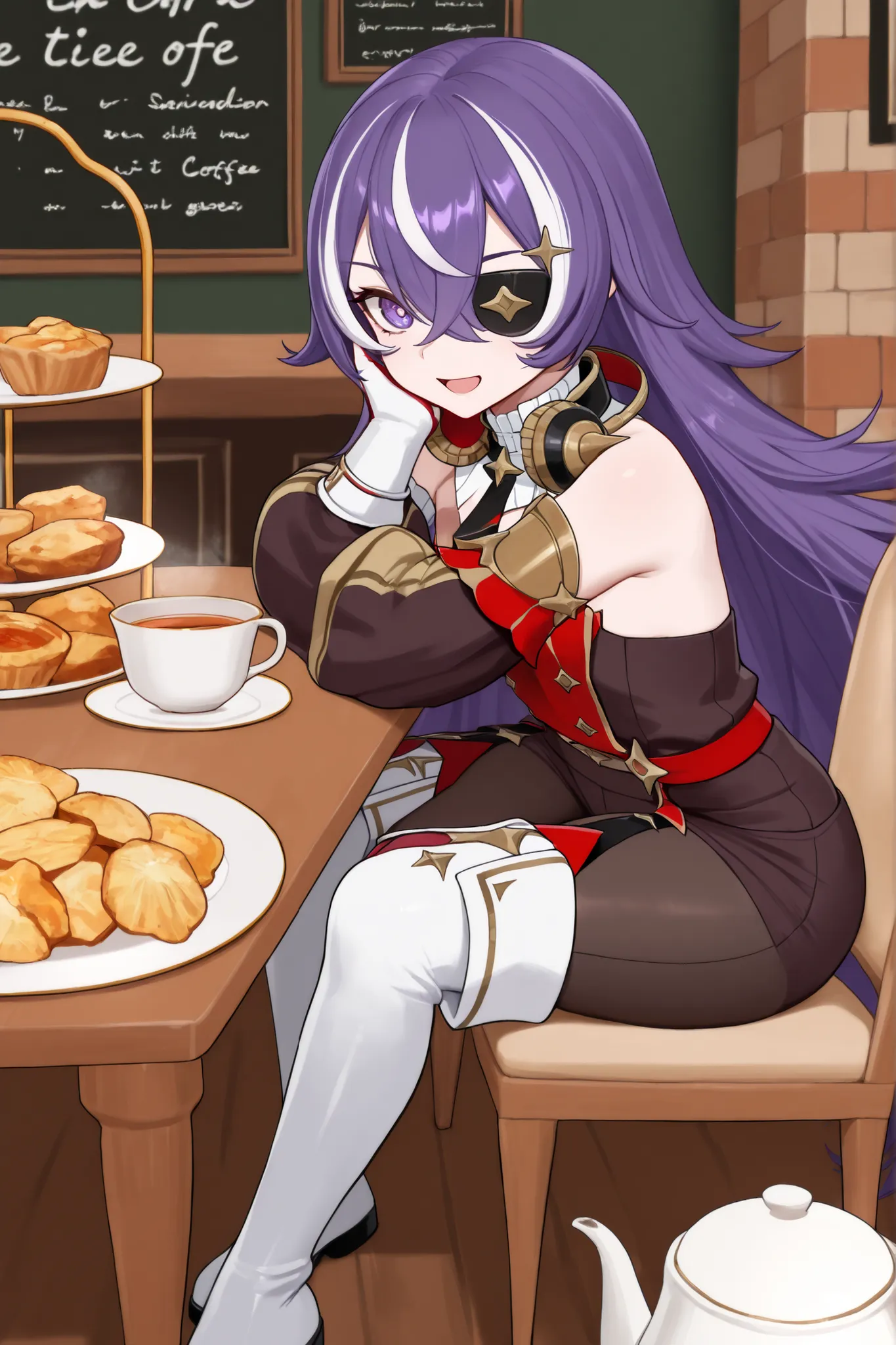 masterpiece, top quality, solo, Curvy,, zzChevreuse, PURPLE EYES, hair between the eyes, Long Hair, multicolored hair, purple hair, striped hair, white hair, has, earmuffs, eye patch, bare shoulders, Gold trim, 黒 butt under pants, butt under pants, Puff Sl...