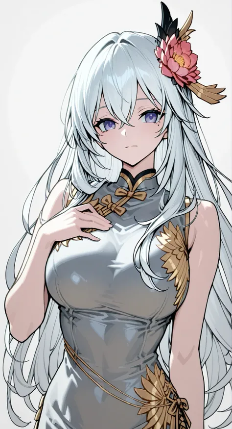 skin,Bound shoulders ,sleeveless china ,anime girl Picture of a woman with long white hair and a flower in her hair, gray hairの deity, Anime Goddess, gray hairの, gray hairの lady, gray hair, zodiac knight portrait girl, Haise Jinyao, Genshin、Keking, Full B...
