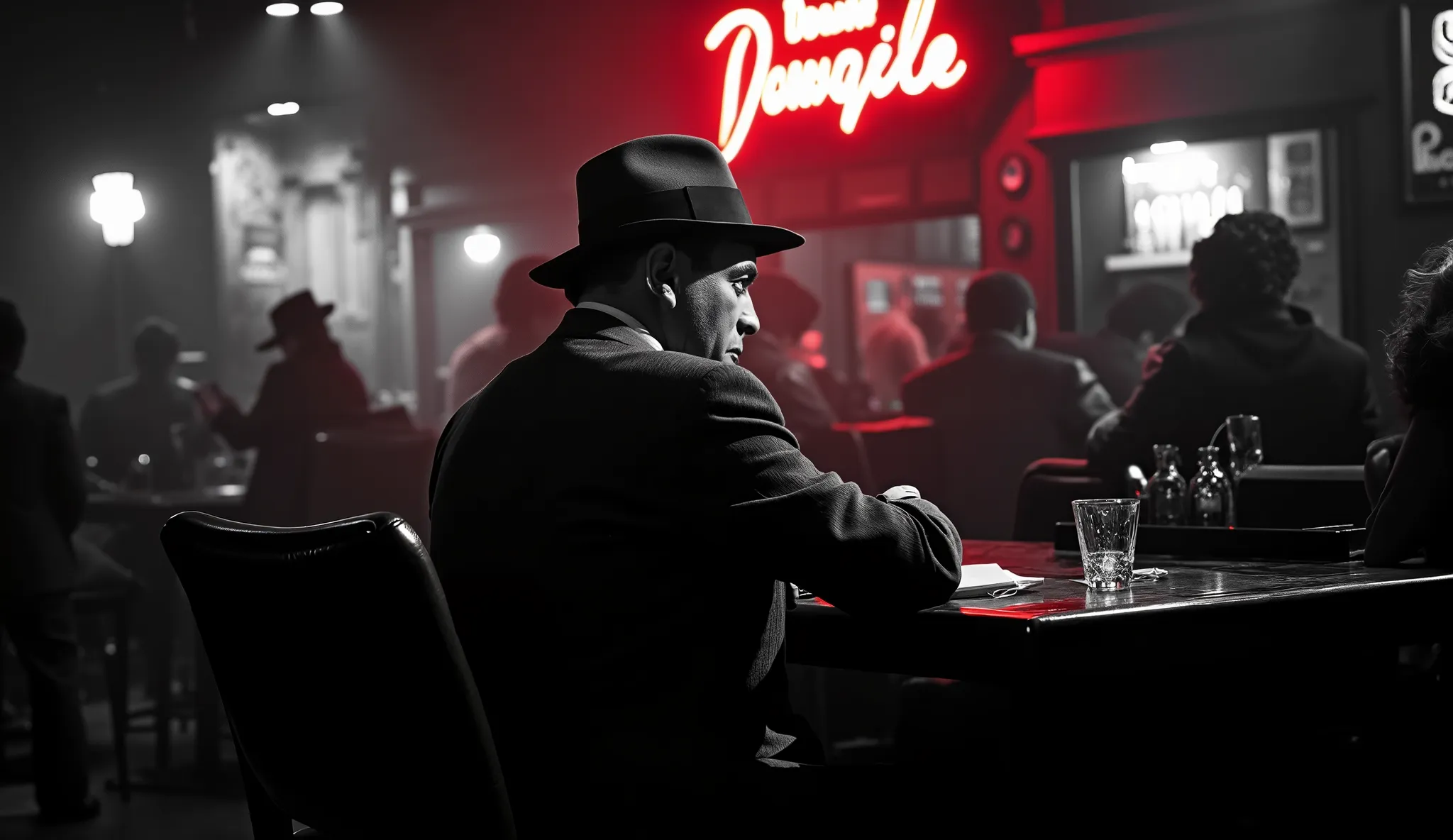 An ultra-realistic BLACK-AND-WHITE scene of a private detective at night, anos 40, noir style IN A CROWDED BAR. O detetive, a middle-aged man in a fedora hat and crumpled suit, is seated in a leather chair behind a wooden table inside a jazz bar, BEBENDO W...