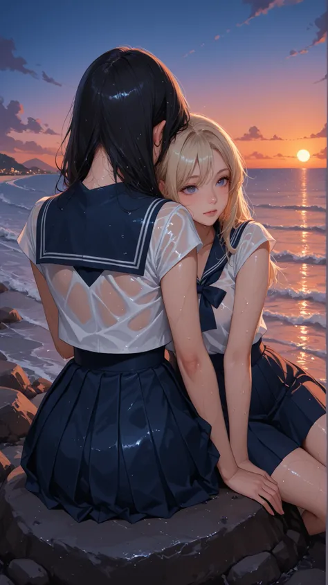 2 women、Highest image quality、top quality、(Depiction of a woman with her back turned)、((sitting on a rock on the seaside coast and watching the sunset))、(The woman on the left is leaning her head on the shoulder of the woman on the right）、((a woman with bl...
