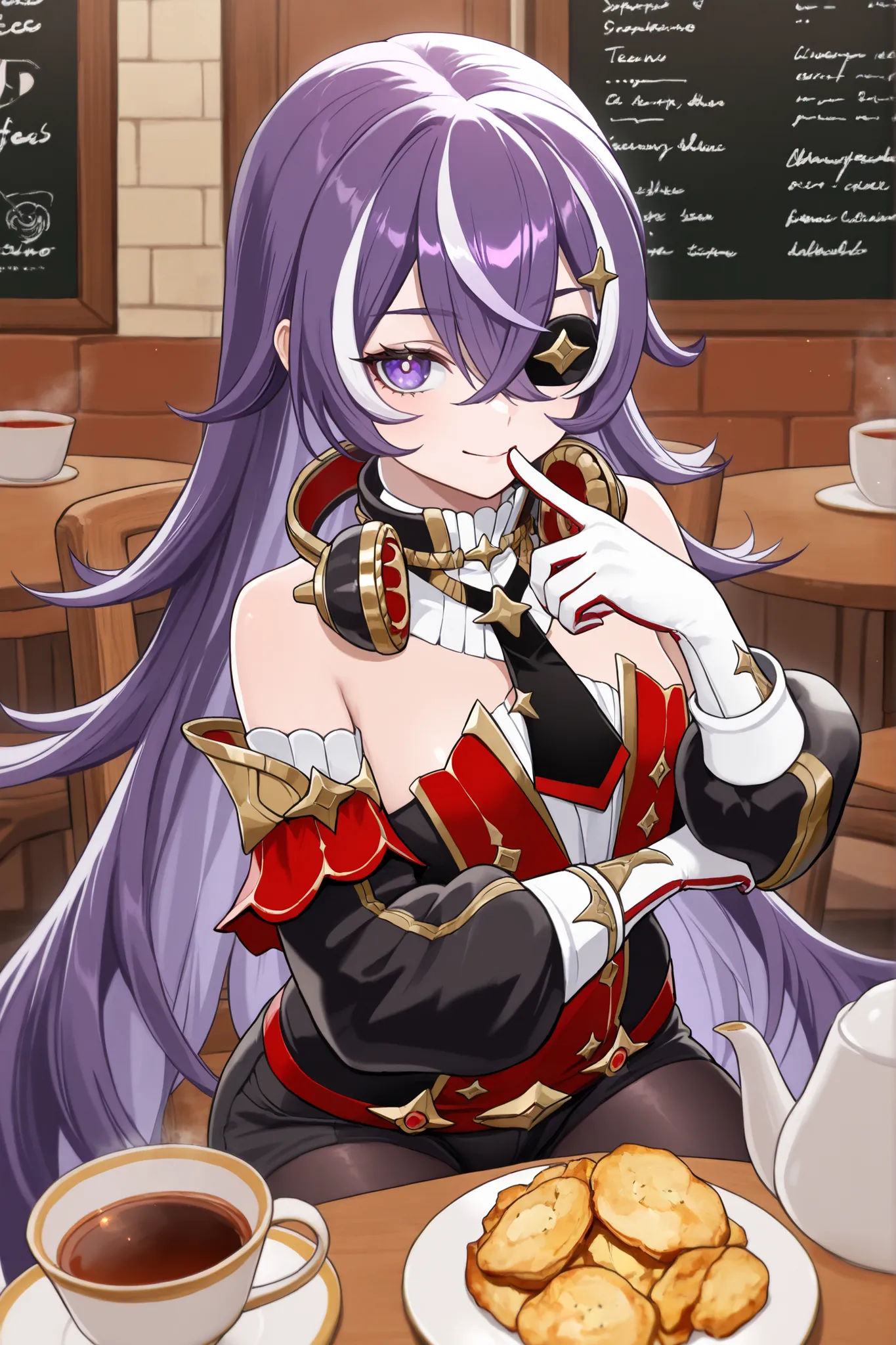 masterpiece, top quality, solo, Curvy,, zzChevreuse, PURPLE EYES, hair between the eyes, Long Hair, multicolored hair, purple hair, striped hair, white hair, has, earmuffs, eye patch, bare shoulders, Gold trim, 黒 butt under pants, butt under pants, Puff Sl...