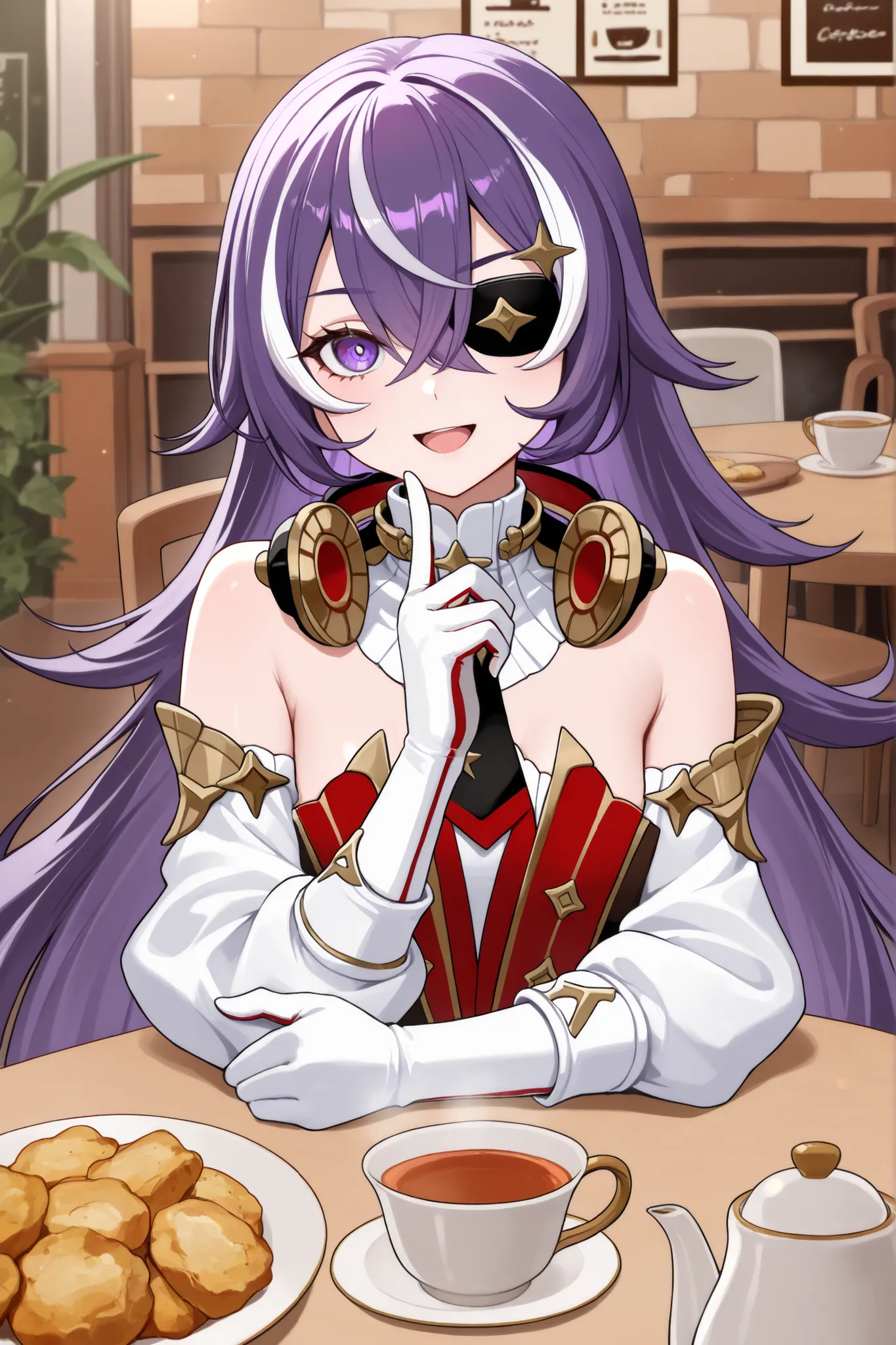 masterpiece, top quality, solo, Curvy,, zzChevreuse, PURPLE EYES, hair between the eyes, Long Hair, multicolored hair, purple hair, striped hair, white hair, has, earmuffs, eye patch, bare shoulders, Gold trim, 黒 butt under pants, butt under pants, Puff Sl...