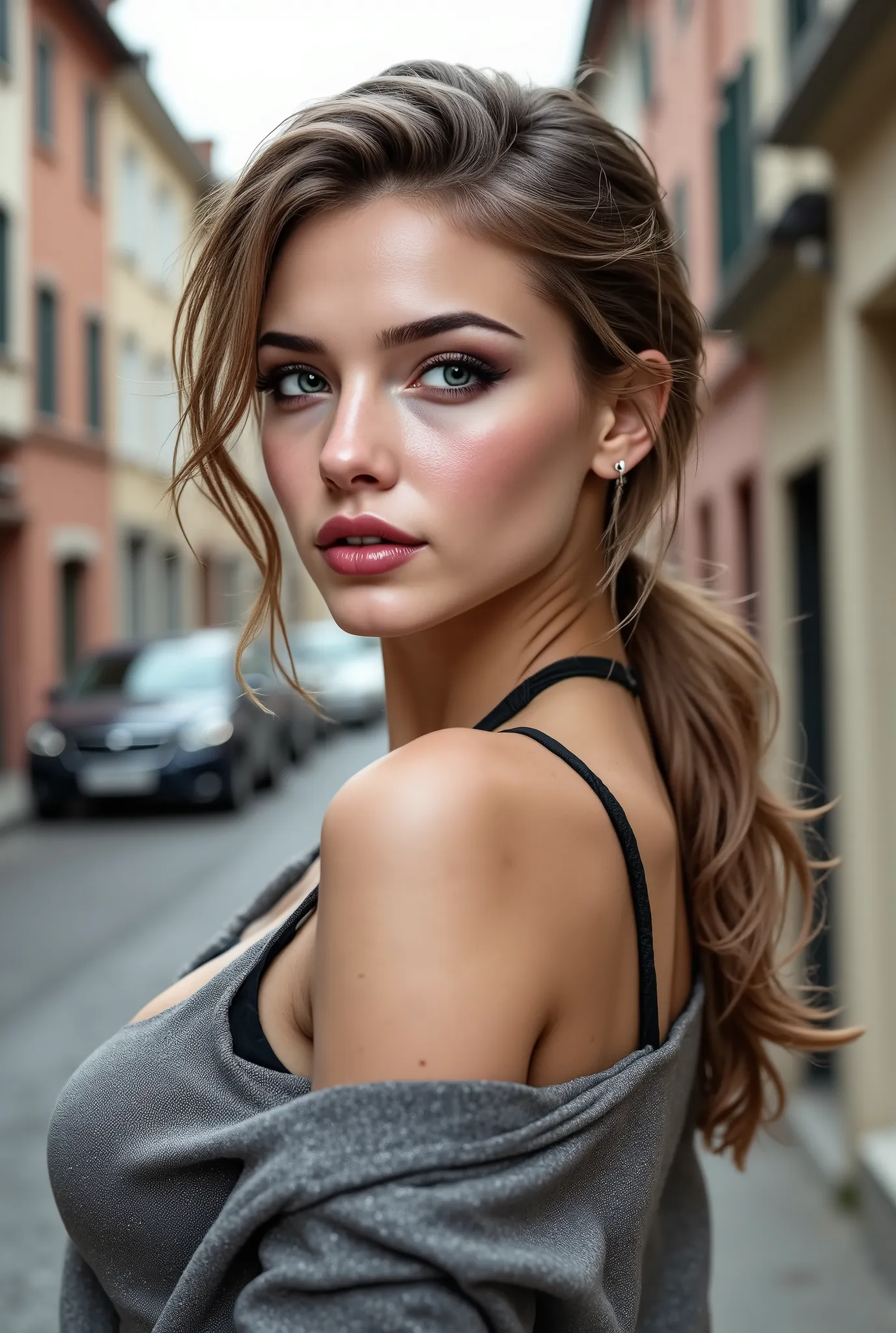 (masterpiece, Best Quality, Photorealistic, hight resolution, Photography, :1.3), close-up shot, Sharp Focus, 1 European Girl, ((medium hair slicked to the side, extremely detailed)), (full focus:1.3), ((perfect proportions))), ((anatomically correct)), (...