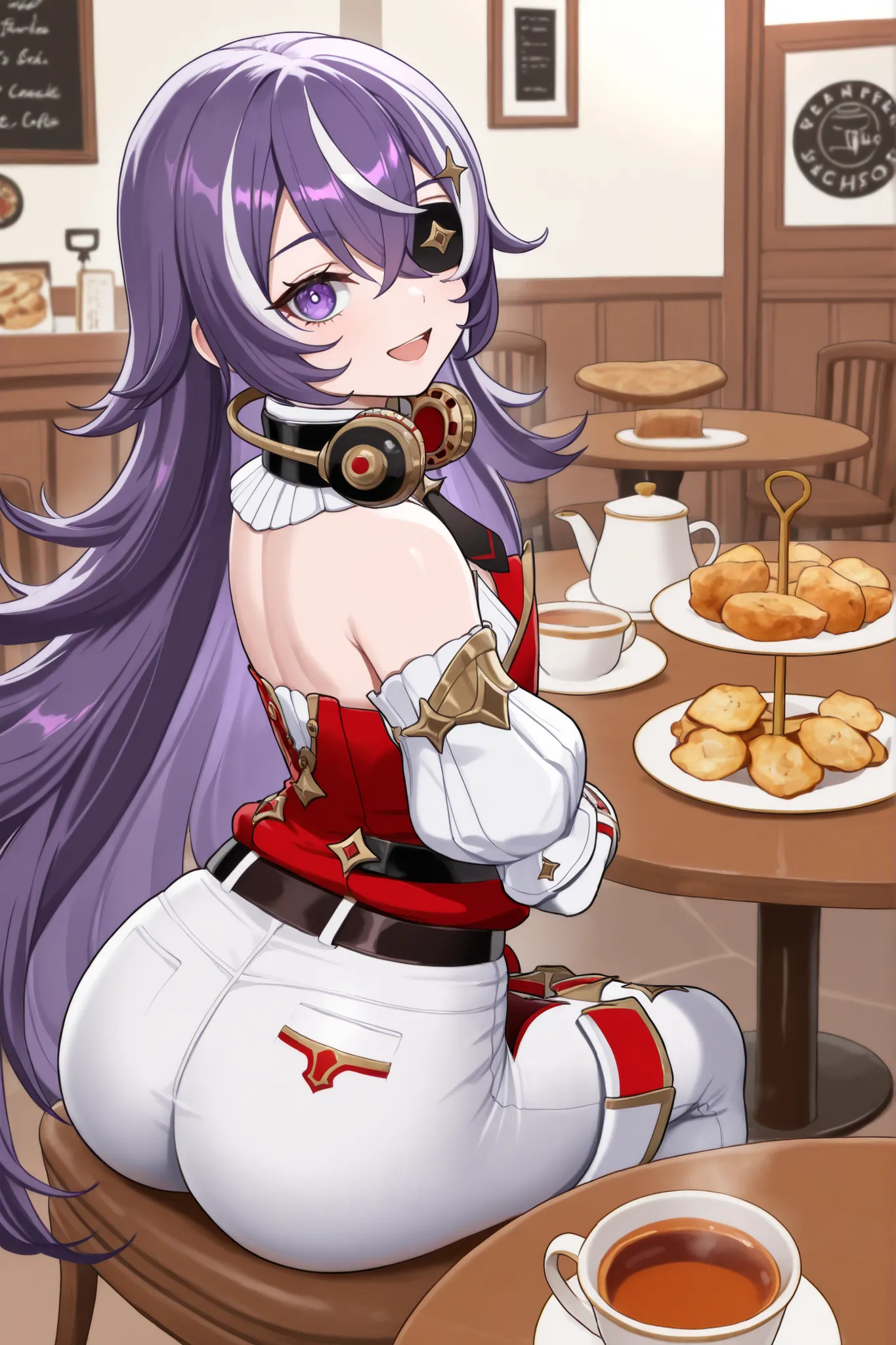 masterpiece, top quality, solo, Curvy,, zzChevreuse, PURPLE EYES, hair between the eyes, Long Hair, multicolored hair, purple hair, striped hair, white hair, has, earmuffs, eye patch, bare shoulders, Gold trim, 黒 butt under pants, butt under pants, Puff Sl...