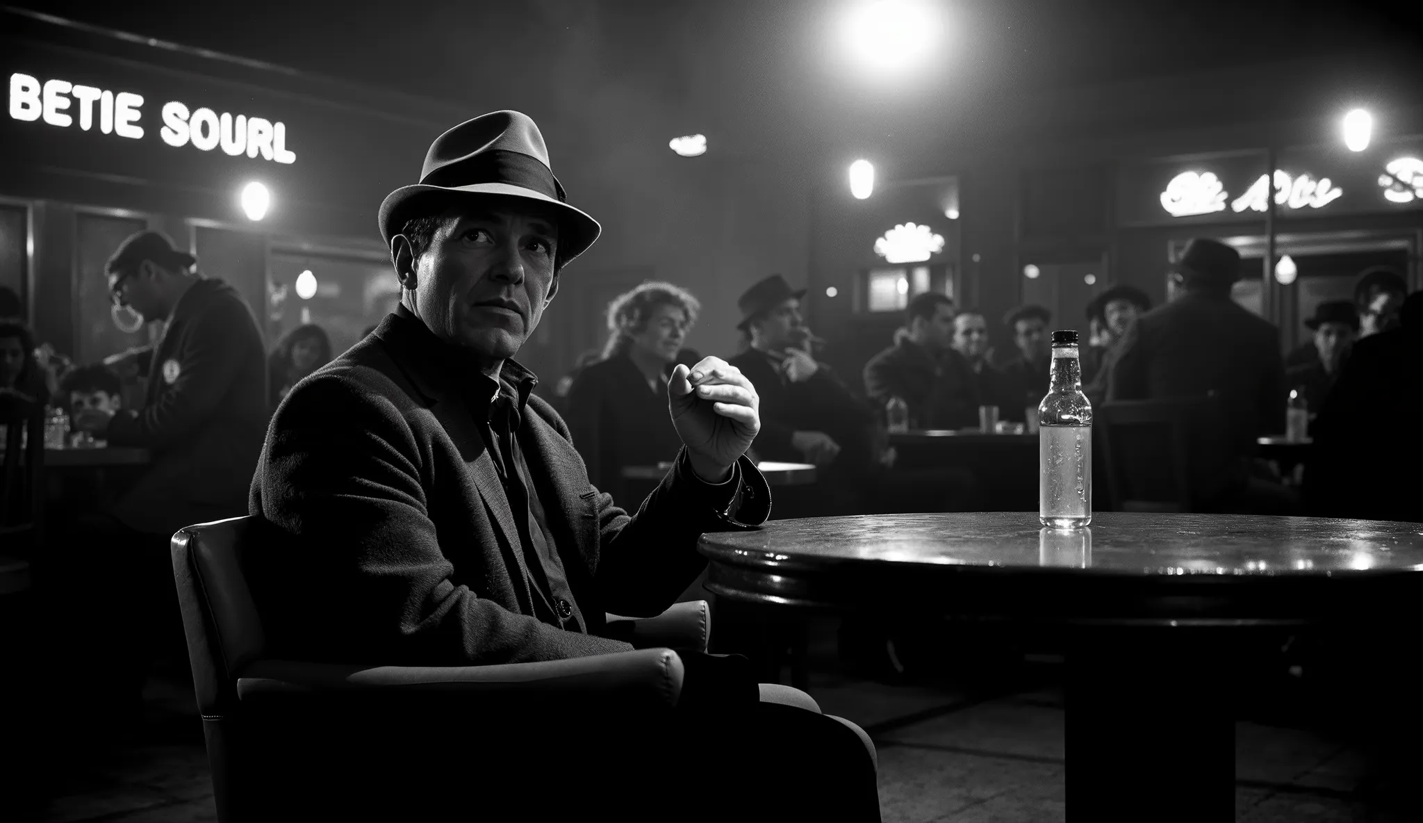 An ultra-realistic BLACK-AND-WHITE scene of a private detective at night, anos 40, noir style IN A CROWDED BAR. O detetive, a middle-aged man in a fedora hat and crumpled suit, is seated in a leather chair behind a wooden table inside a jazz bar, BEBENDO W...