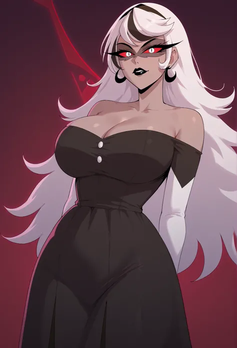 Masterpiece,carmilla_carmine,score_9, score_8_arriba, score_7_arriba,gray skin,twin hair,Black dress, white elbow pads , bare shoulders, ,(huge breasts:1.2), breasts, tiene largas pestañas,dress, ,black lip,esclerótica pigmentada,Horny red,White hair,wide ...