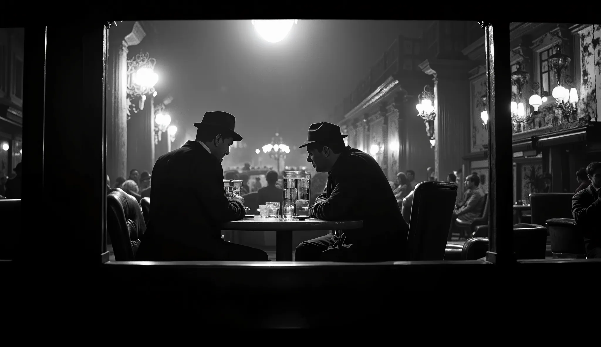 An ultra-realistic BLACK-AND-WHITE SCENE SEEN THROUGH THE WINDOW OF A PRIVATE DETECTIVE'S JAZZ BAR at night, anos 40, noir style IN A CROWDED BAR. O detetive, a middle-aged man in a fedora hat and crumpled suit, is seated in a leather chair behind a wooden...