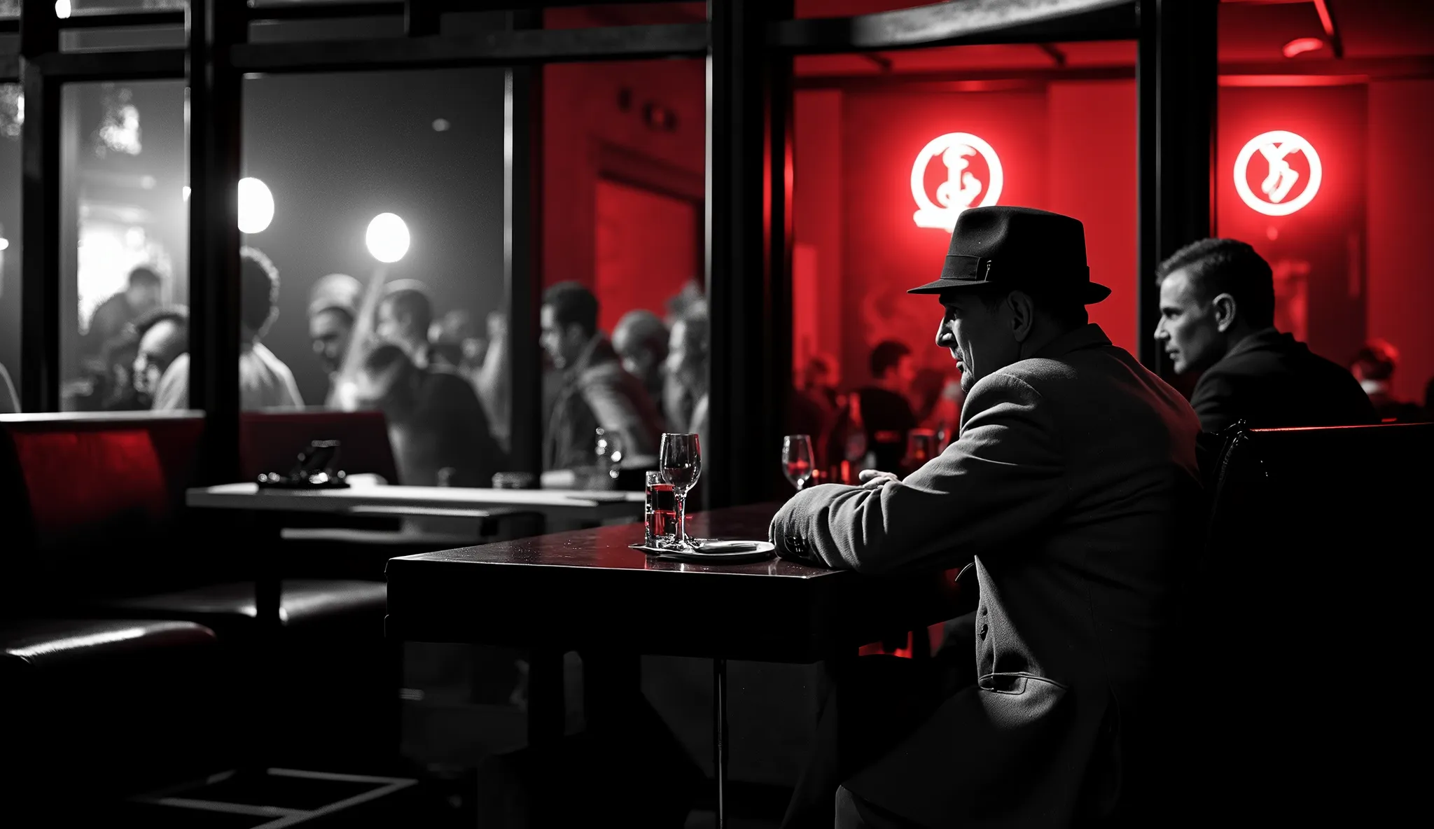 An ultra-realistic BLACK-AND-WHITE SCENE SEEN THROUGH THE WINDOW OF A PRIVATE DETECTIVE'S JAZZ BAR at night, anos 40, noir style IN A CROWDED BAR. O detetive, a middle-aged man in a fedora hat and crumpled suit, is seated in a leather chair behind a wooden...