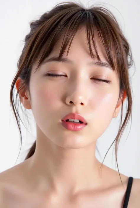 ultra-detailed close-up of a beautiful girl, collarbone-up composition, white studio background, soft natural lighting, slightly elevated camera angle (around 35 degrees), full face and head visible in frame, chin slightly raised, eyes gently closed, deepl...