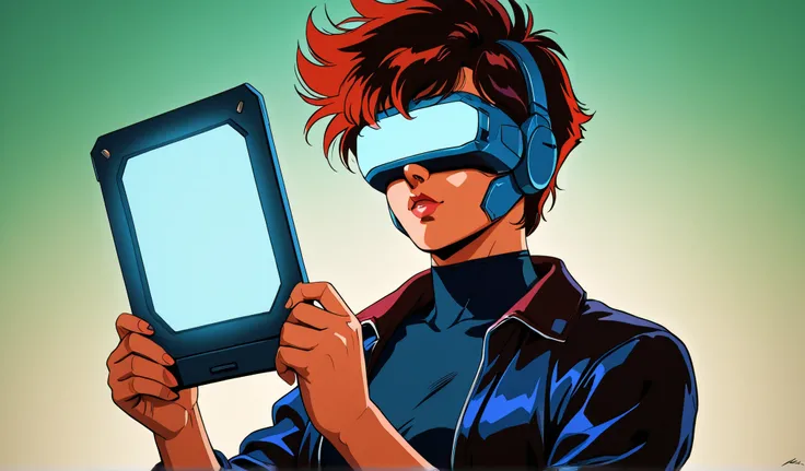 cyberpunk women using virtual reality, dark retro 80s