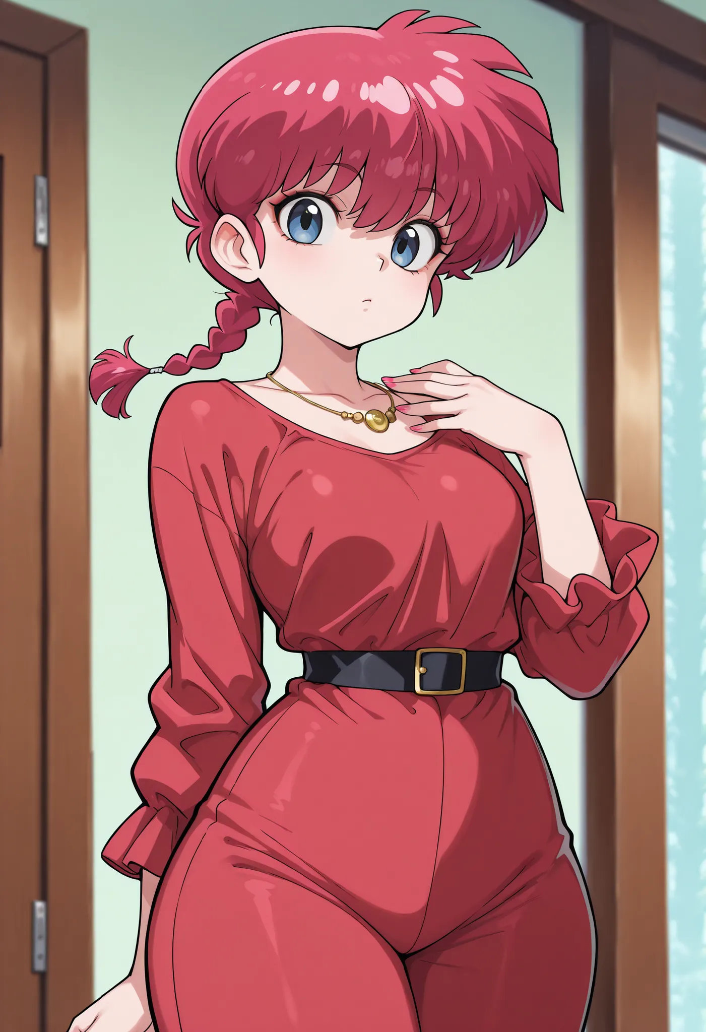 safe_pos, Ranma Saotome. red hair. pigtail. blue eyes. braid. small breasts. huge hips. necklace. black eyeliner. pink manicure. | (8k, best quality, masterpiece:1.2) , the godfather, movie, solo,