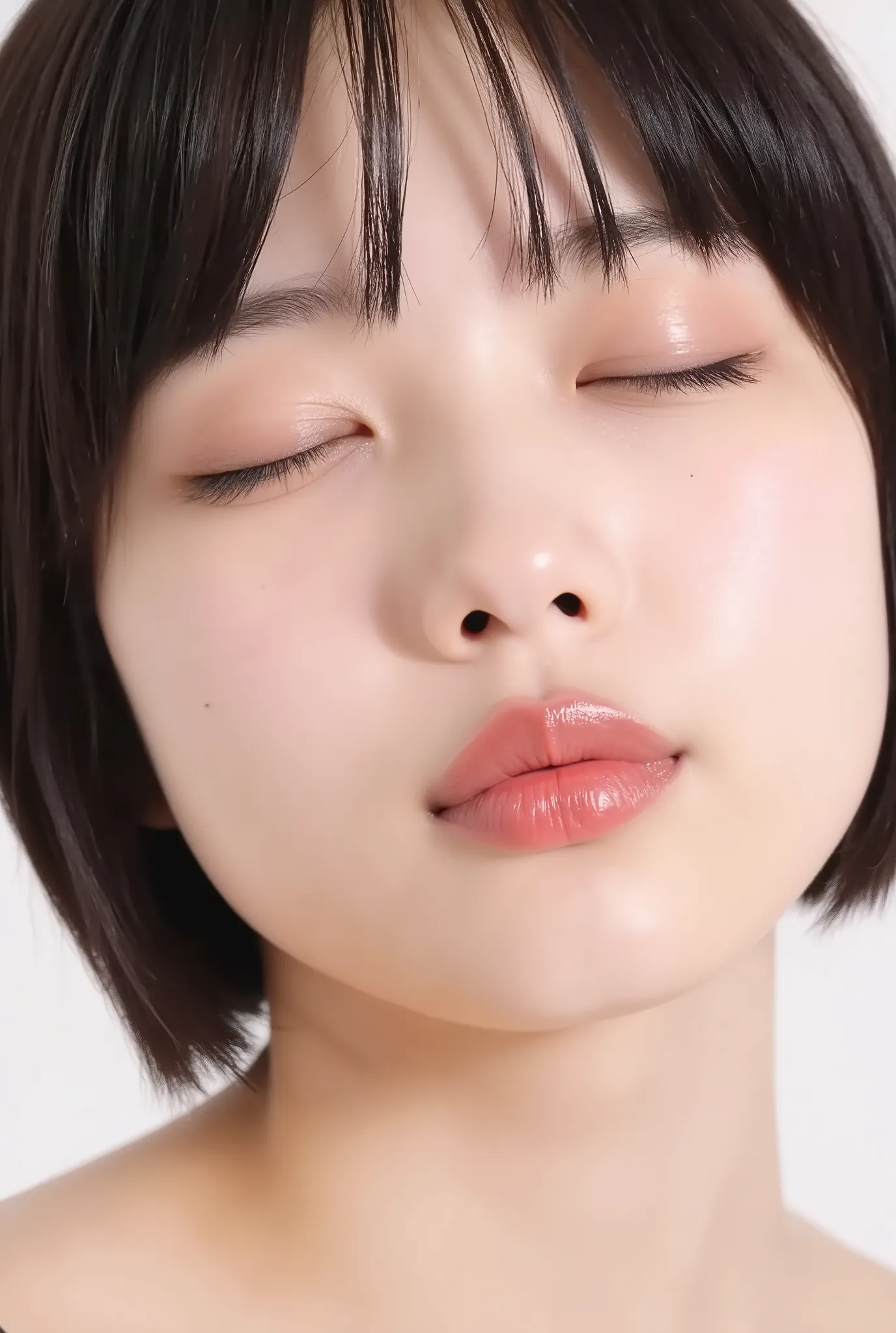 ultra-detailed close-up of a beautiful girl, collarbone-up composition, white studio background, soft natural lighting, slightly elevated camera angle (around 35 degrees), full face and head visible in frame, chin slightly raised, eyes gently closed, deepl...