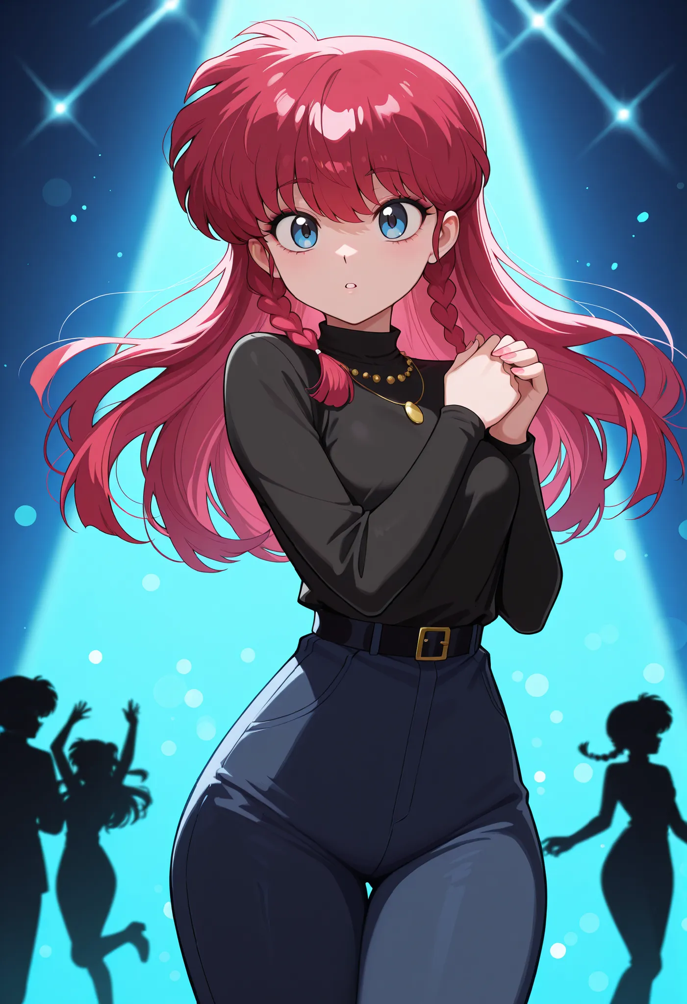 safe_pos, Ranma Saotome. red hair. pigtail. blue eyes. braid. small breasts. huge hips. necklace. black eyeliner. pink manicure. | Silhouette of a woman dancing with fire, stage light, creative lighting, cinematic, photography of petra collins, long expos...