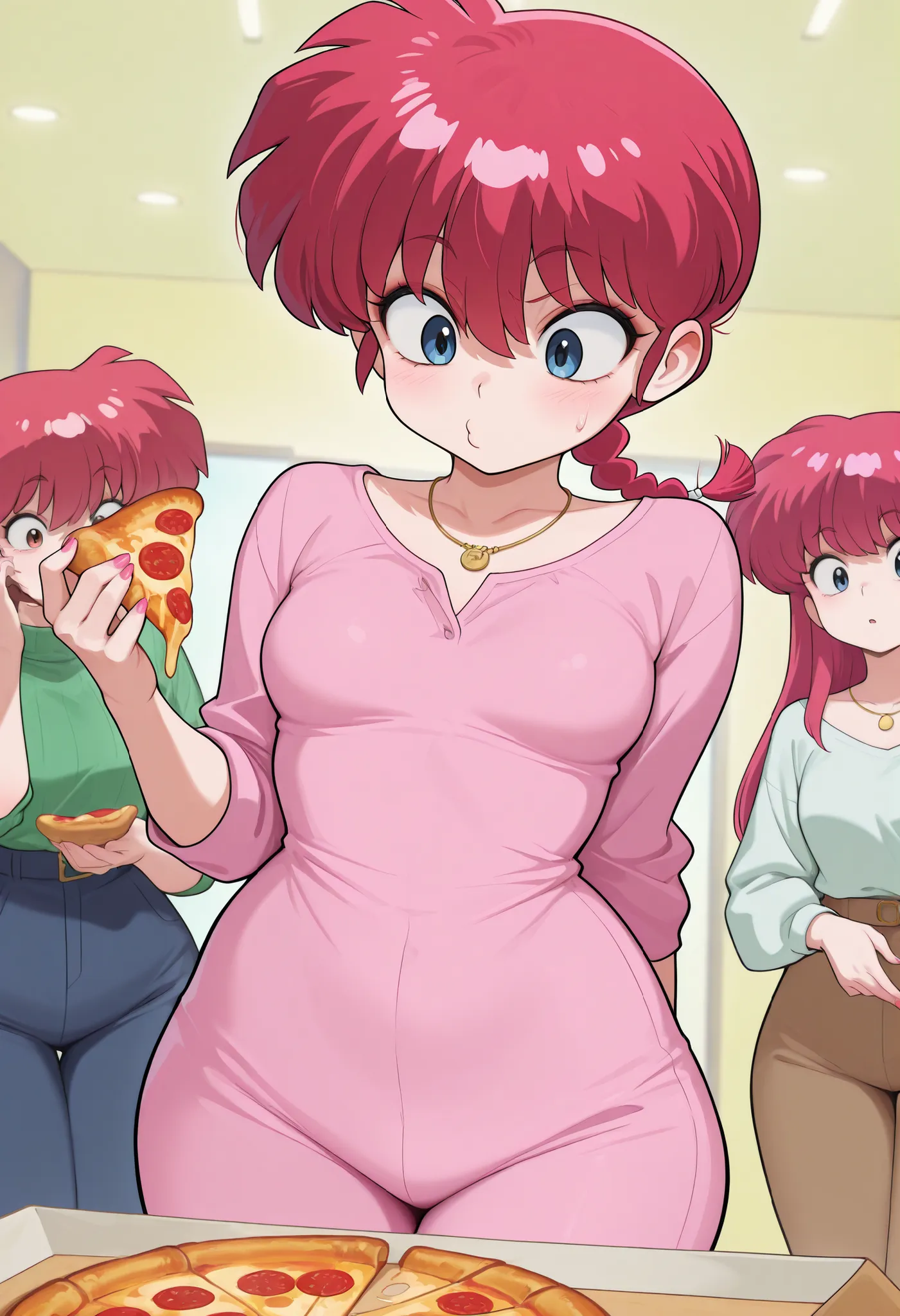 safe_pos, Ranma Saotome. red hair. pigtail. blue eyes. braid. small breasts. huge hips. necklace. black eyeliner. pink manicure. | very awa, very aesthetic, (masterpiece, best quality, amazing quality), 3girls, how_to_torture_an_italian_(meme), pizza, pin...