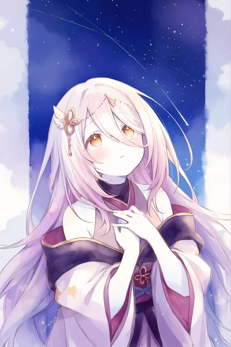 黒い髪、white skin、Looking up at the night sky、Bright Stars、Delicate、Dainty、ephemeral、precious、top quality、halfway between hood and adulthood、Japanese、Clothes showing shoulders、watercolor、fashionable、anxiety、Menhera