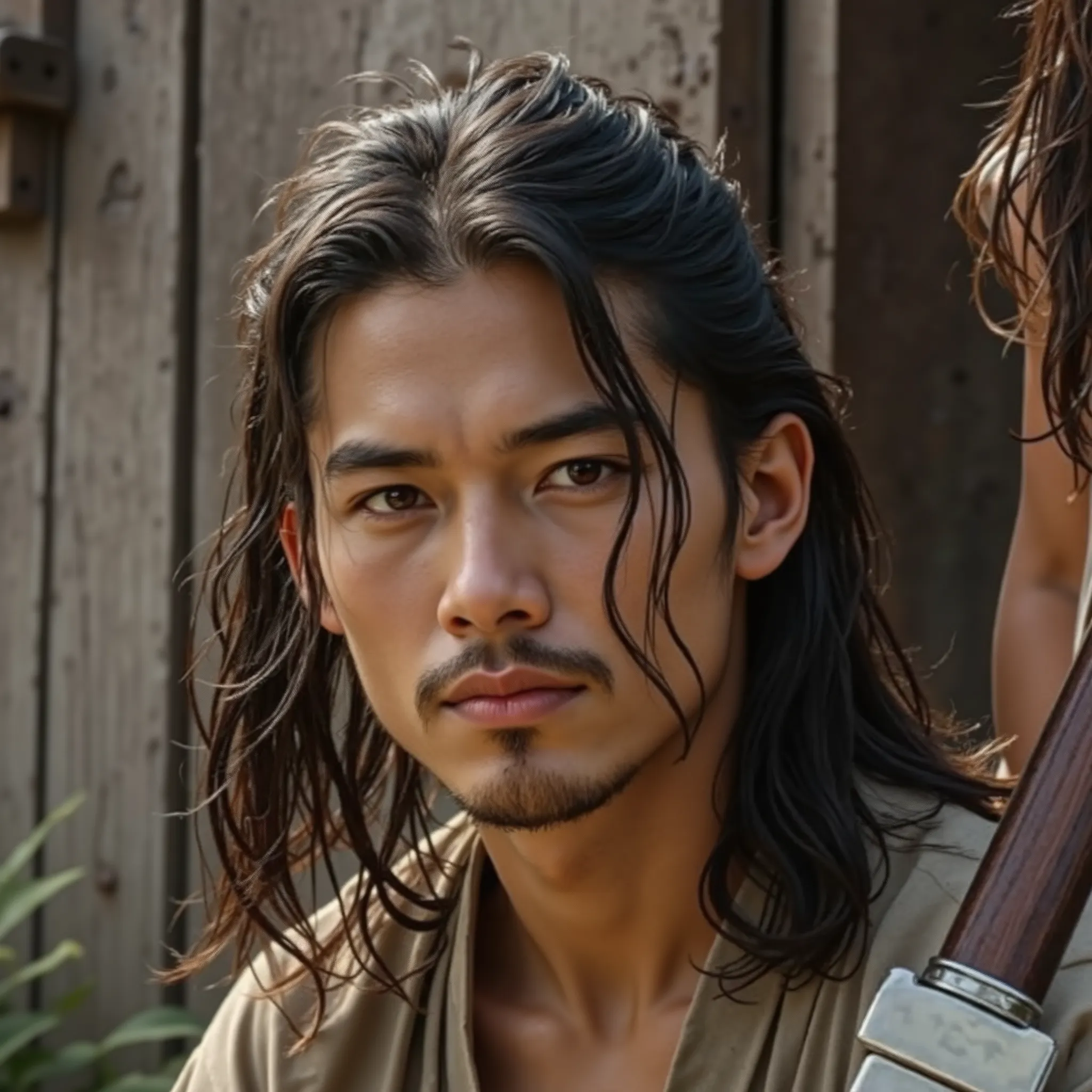 Hyperrealism. handsome young asian man with long hair, hair tangled and disheveled.
