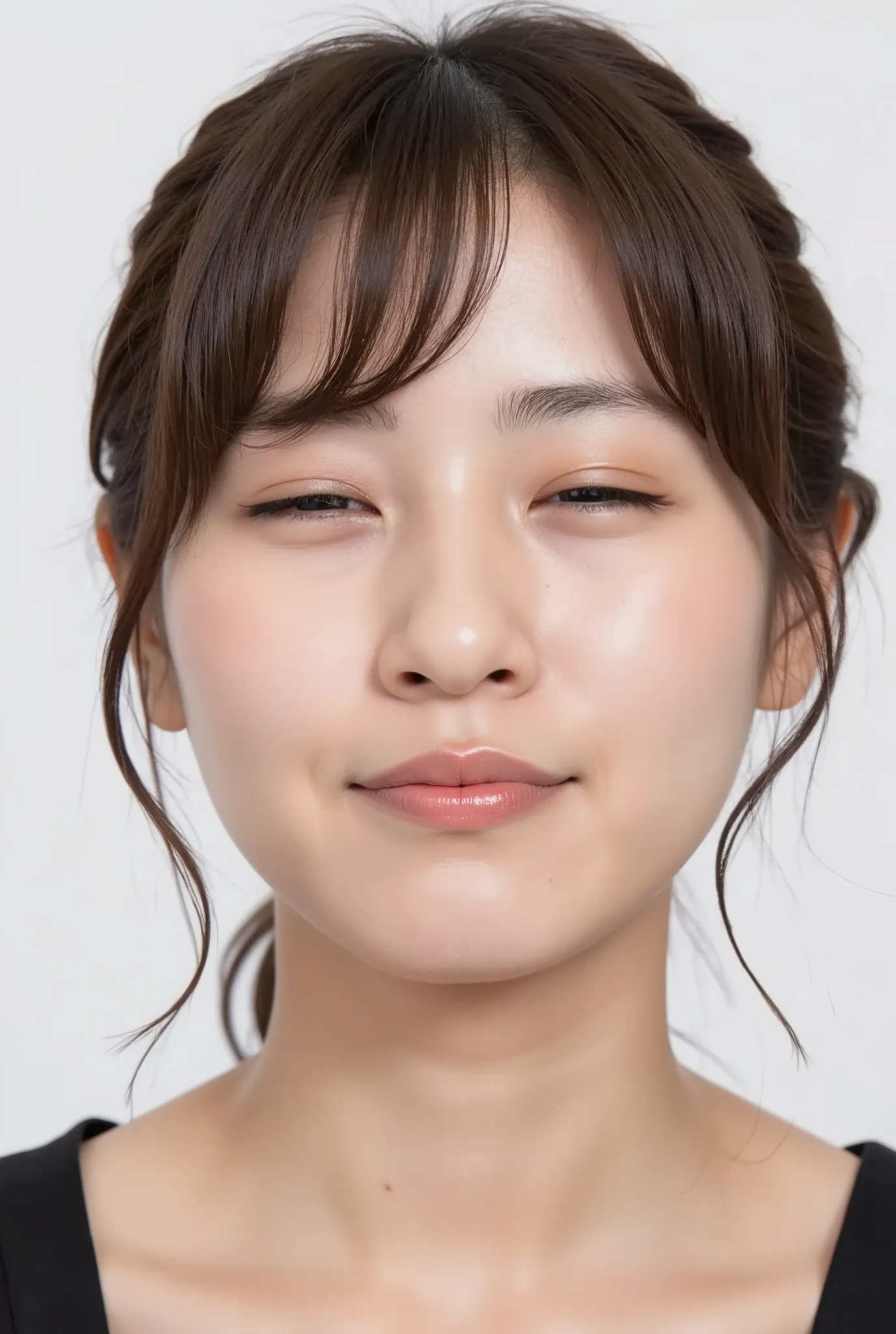 ultra-detailed close-up of a beautiful girl, collarbone-up composition, white studio background, soft natural lighting, slightly elevated camera angle (around 35 degrees), full face and head visible in frame, chin slightly raised, eyes gently closed, deepl...