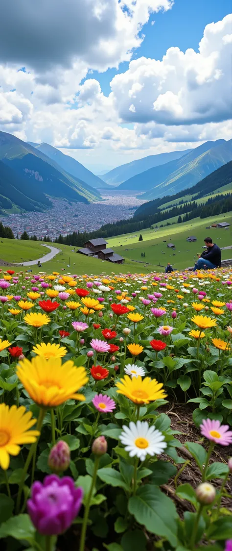  Send high-definition images 、 Flower fields in the Swiss highlands 、  Best Picture  、 Exhilarating Highland Scenery Images 、 Magical creatures hidden in the prairie and mysterious colorful flowers々You can see 、 8k(  High quality seven-color flower  ) A plateau full of fantasy、 Refreshing highland scenery images。高原の下の街並みYou can see。