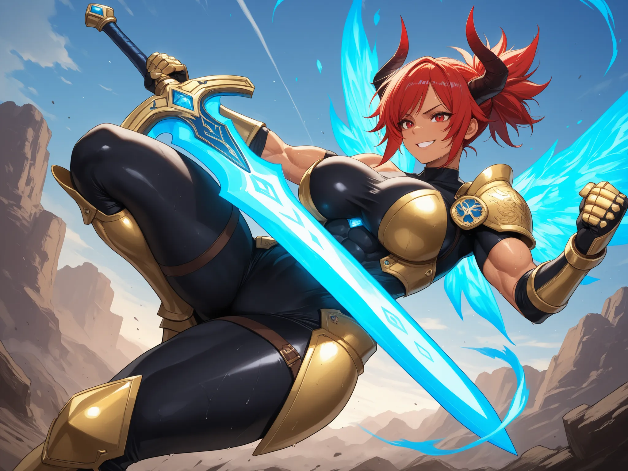 masterpiece, best quality, beautiful girl, Riven, tall girl, dragon girl, tan skin, horns, red hair, bright red eyes, muscle, tomboy, big breast, great thights, sky, flying on the sky posing, sunny day, beautiful look, smiling, rage smile, preparing attac...