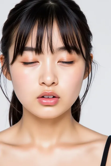 ultra-detailed close-up of a beautiful girl, collarbone-up composition, white studio background, soft natural lighting, slightly elevated camera angle (around 35 degrees), full face and head visible in frame, chin slightly raised, eyes gently closed, deepl...