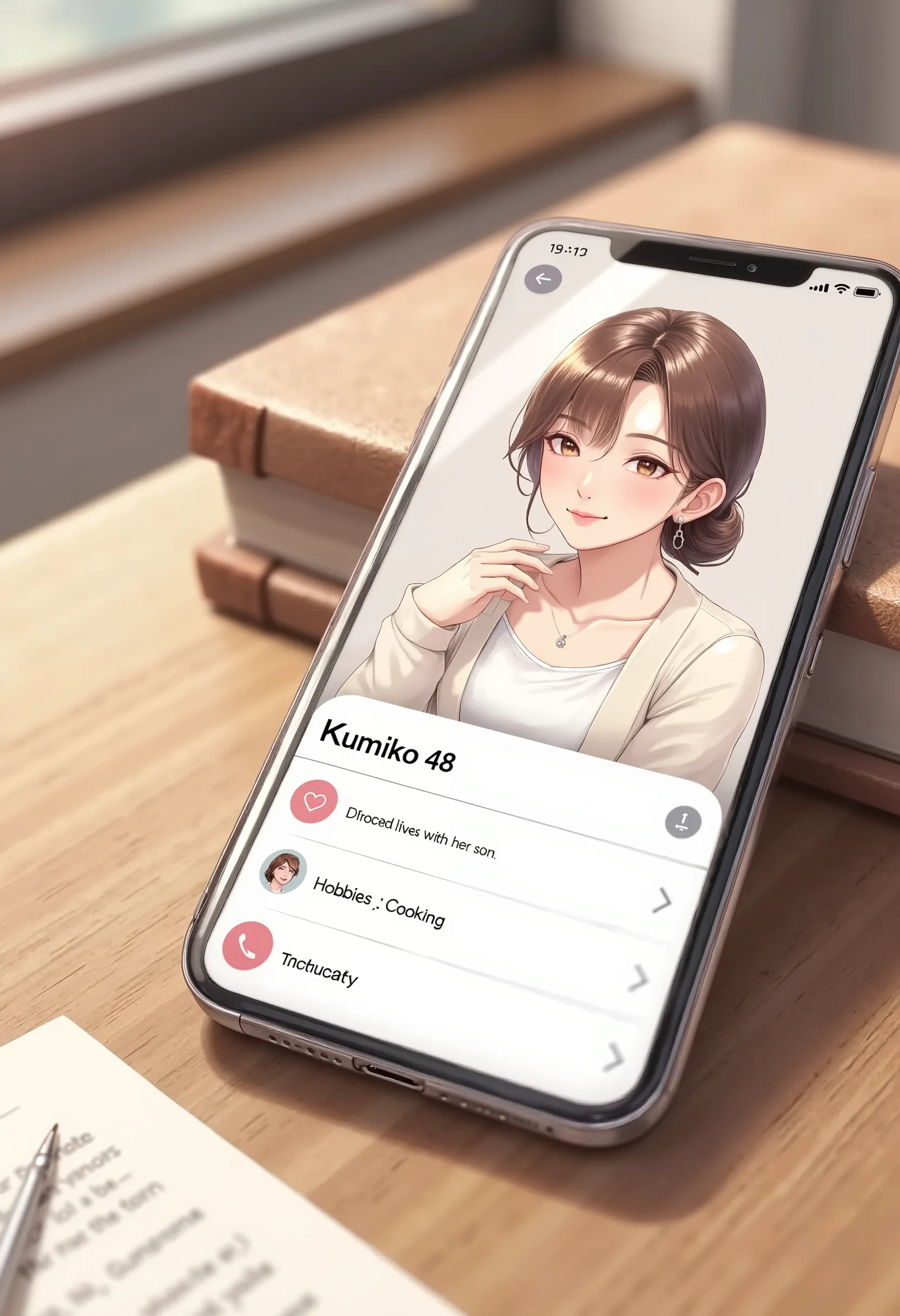 Anime style inspired by Oda Non. Close-up from a slightly elevated angle of a smartphone lying flat on a wooden study desk. The screen is fully visible, showing a Japanese dating app profile interface with clearly readable English text: “Kumiko (48) – Divo...