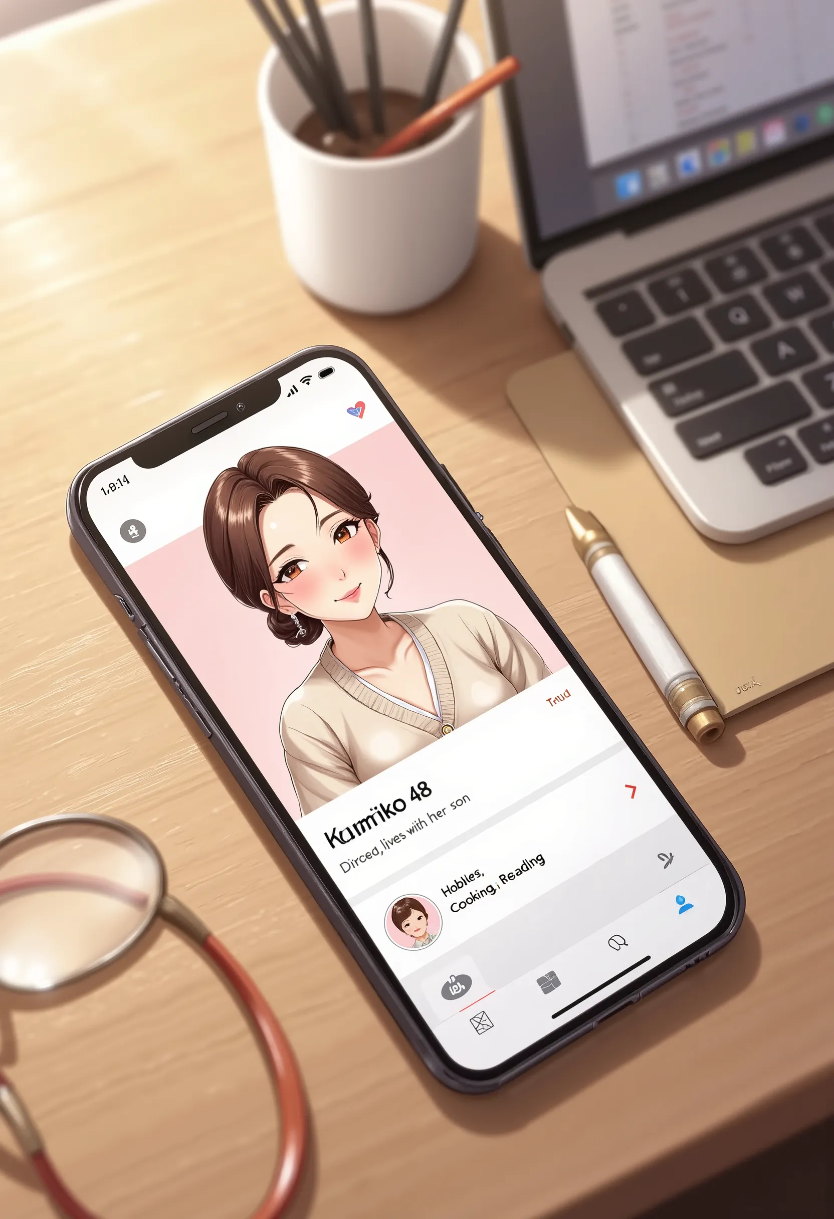 Anime style inspired by Oda Non. Close-up from a slightly elevated angle of a smartphone lying flat on a wooden study desk. The screen is fully visible, showing a Japanese dating app profile interface with clearly readable English text: “Kumiko (48) – Divo...