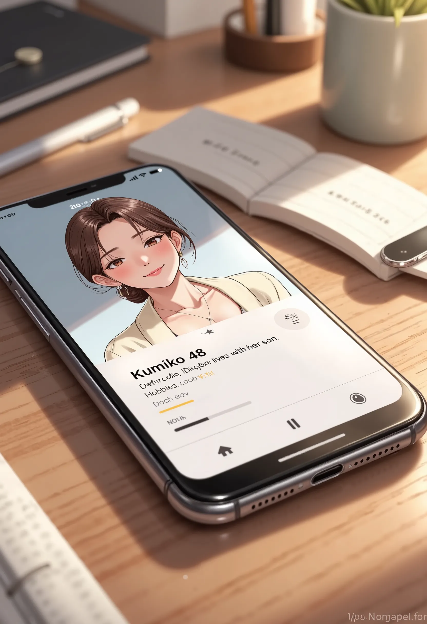 Anime style inspired by Oda Non. Close-up from a slightly elevated angle of a smartphone lying flat on a wooden study desk. The screen is in full view, showing a Japanese dating app profile with clearly visible English text. The text reads: “Kumiko (48) – ...