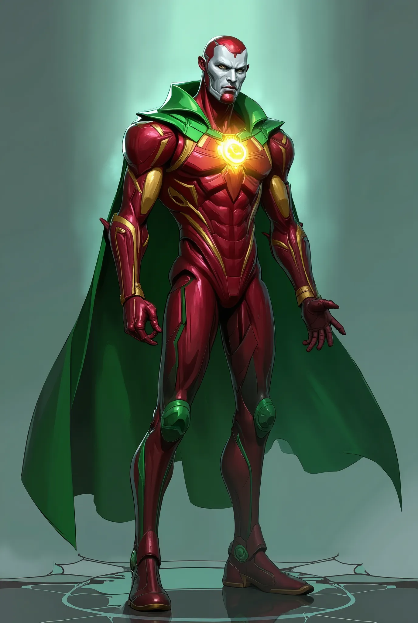 Full-body concept of Vision, a humanoid synthezoid, designed for the Marvel Rivals video game by NetEase Games. He stands tall and composed, with a sleek, anatomically humanoid frame covered in biomechanical red and deep green synthetic armor. His golden s...