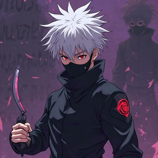 Anime style character with spiky white hair and visible red eyes, wearing a black ninja outfit and face mask, holding a kunai knife in a combat-ready pose. The background is dark purple with a shadowy duplicate of the character behind him and the words "UNSTOPPABLE" and "CHAHA" faintly visible in bold letters. The character has a red symbol on his shoulder and a serious expression, highly detailed with clean line art and subtle shading, stylized like Naruto anime characters., anime style, vibrant colors, studio ghibli inspired, cinematic, Japanese animation