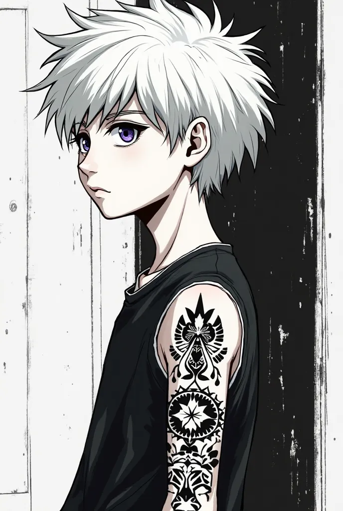 a white boy who has white hair, Have a tattoo on your arm  . tu peux faire tout en version manga avec des couleur noir blanc et des rayures pour les place d'ombre      