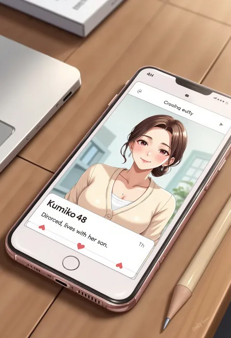 Anime style inspired by Oda Non. Close-up from a slightly elevated angle of a smartphone lying flat on a wooden study desk. The screen is fully visible, showing a Japanese dating app profile interface with clearly readable English text: “Kumiko (48) – Divo...