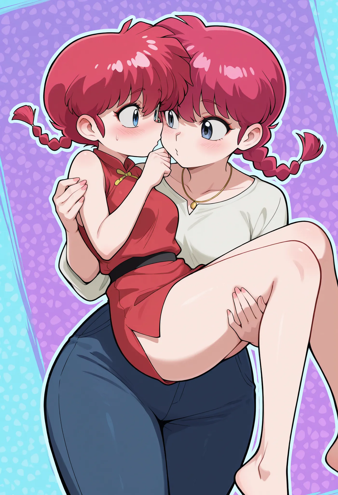 safe_pos, Ranma Saotome. red hair. pigtail. blue eyes. braid. small breasts. huge hips. necklace. black eyeliner. pink manicure. | 2girls, princess carry, looking at another, blush, shy, size difference, A striking graphic poster in the bold Bauhaus style...