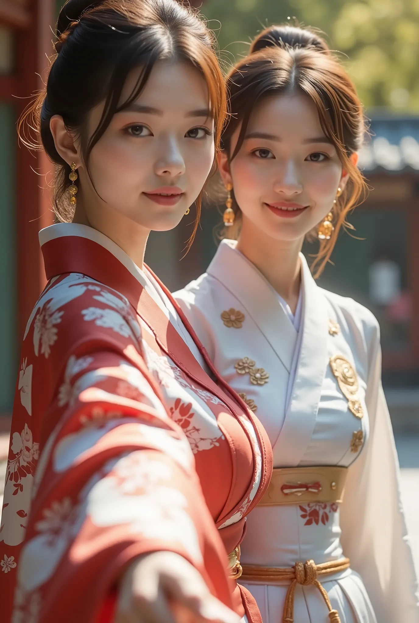 (( top quality 、In 8K、masterpiece:1.3)) （two women）、reach out to the camera and shake hands、Two people walk through the temple、short hair、Kimono with a detailed pattern、gentle smile