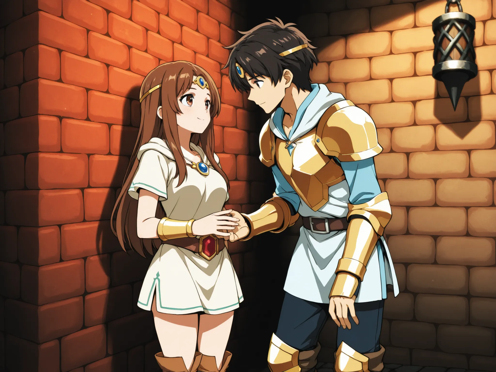 Two people inside a red brick dungeon, looking lovingly at each other, in full view in a highly detailed anime style BREAK 1girl, with long brown hair wearing a circlet short tunic and tall hide boots BREAK 1boy a knight with black hair and wearing gold ar...
