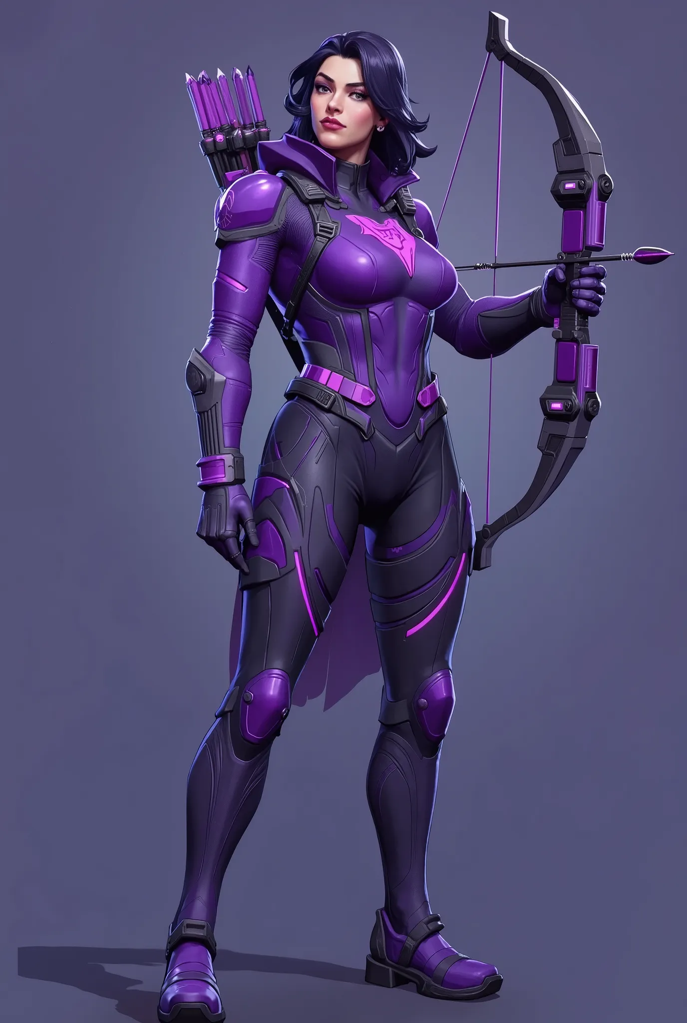 Imagine Kate Bishop’s appearance and gameplay design for the Marvel Rivals video game developed by NetEase Games. She is a Duelist class hero specializing in precision archery, mobility, and tactical trick shots. Kate wears a deep violet tactical bodysuit ...