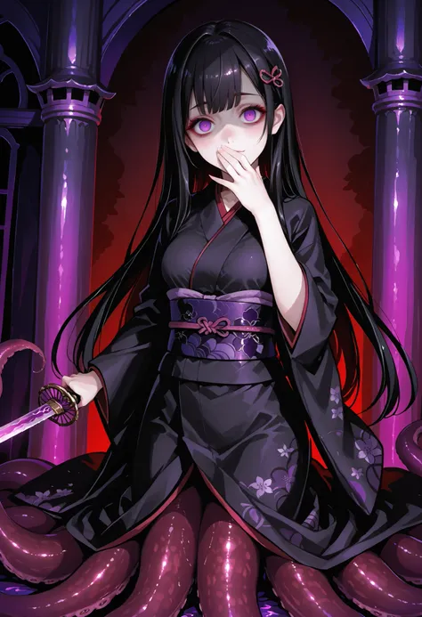 Scylla style girl. Black hair. Straight hairstyle. Long hair. Purple eyes. Yandere eyes. Hiding her mouth with a fan. Japanese-style hair accessory. Japanese-style kimono. Black costume. Red decoration. Purple tentacles. Sword entangled with tentacles. Und...