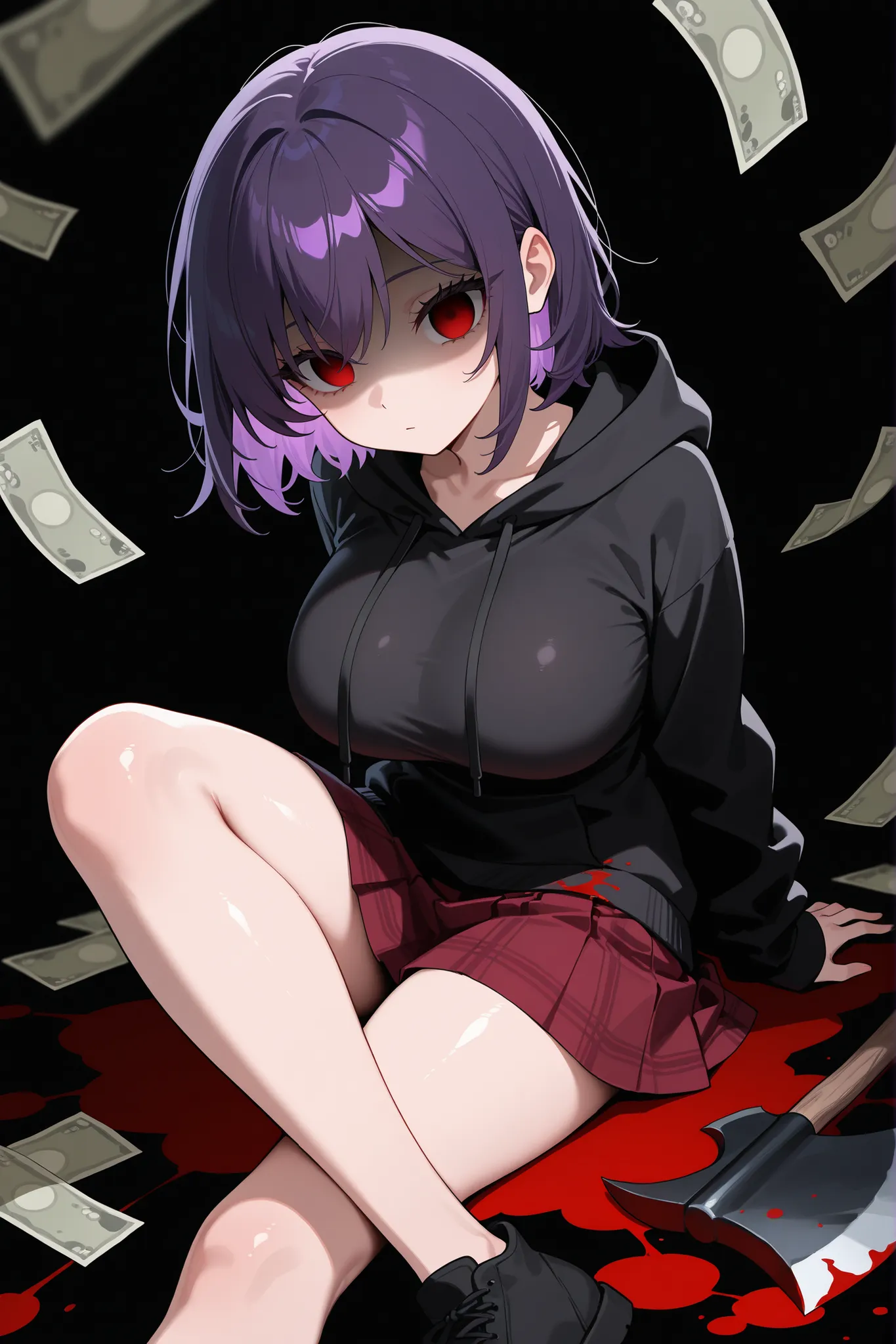 (super detailed:1.2, masterpiece:1.2, best quality:1.2, high res:1.2) 1girl, purple hair, short hair, red eye, {sharp eyelashes}, empty eyes, large breasts, shiny skin, hoodie, skirt, axe, black background, dark background, shaded face, high contrast, money, falling money, blood on money, blood splatter, blood on clothes, blood on ground