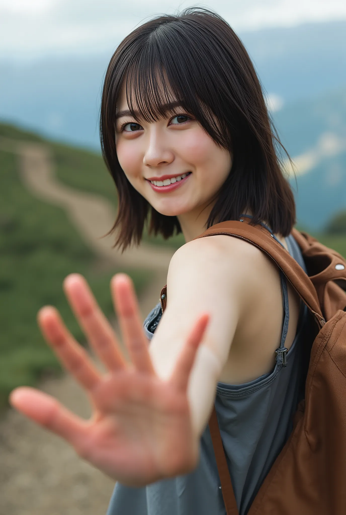 photorealistic、Front ribbon、grey short slip、anatomically accurate, Details Hand , Thin fingers , perfect hand、Ultra high resolution、she blushed and looked at me、carrying backpack、Hiking Trails、
