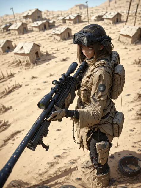 capa negra,Sniper,war zone,country Iraq,desert area,broken rags hanging,mud houses,Slums,depth of field, high definition image, a lot of details,