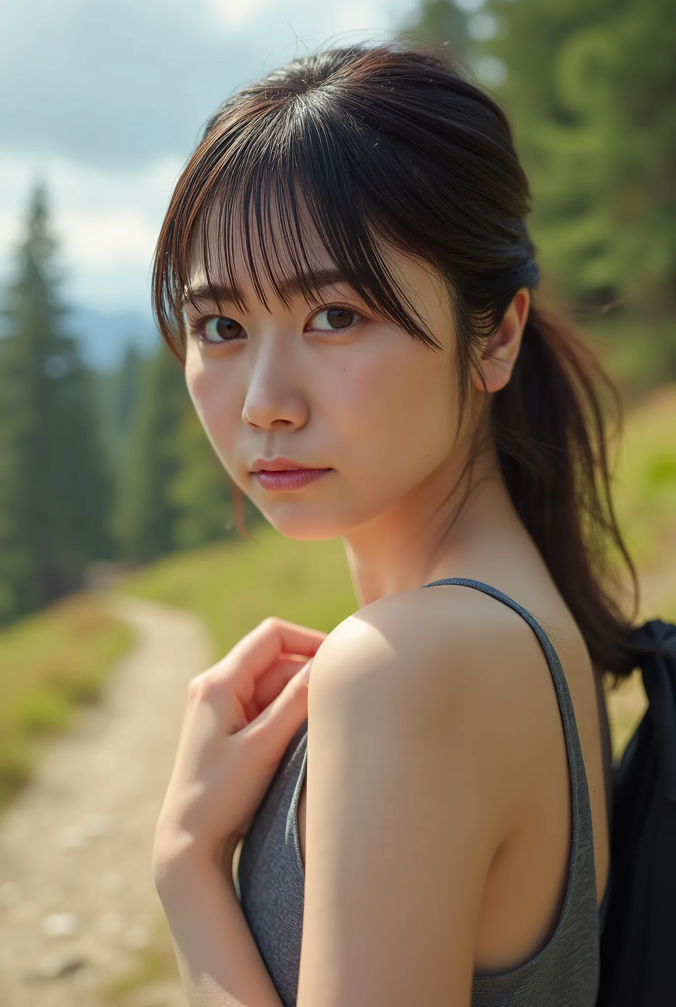 photorealistic、グレーのショート slip、 slip、anatomically accurate, Details Hand , Thin fingers , perfect hand、Ultra high resolution、she blushed and looked at me、carrying backpack、Hiking Trails、
