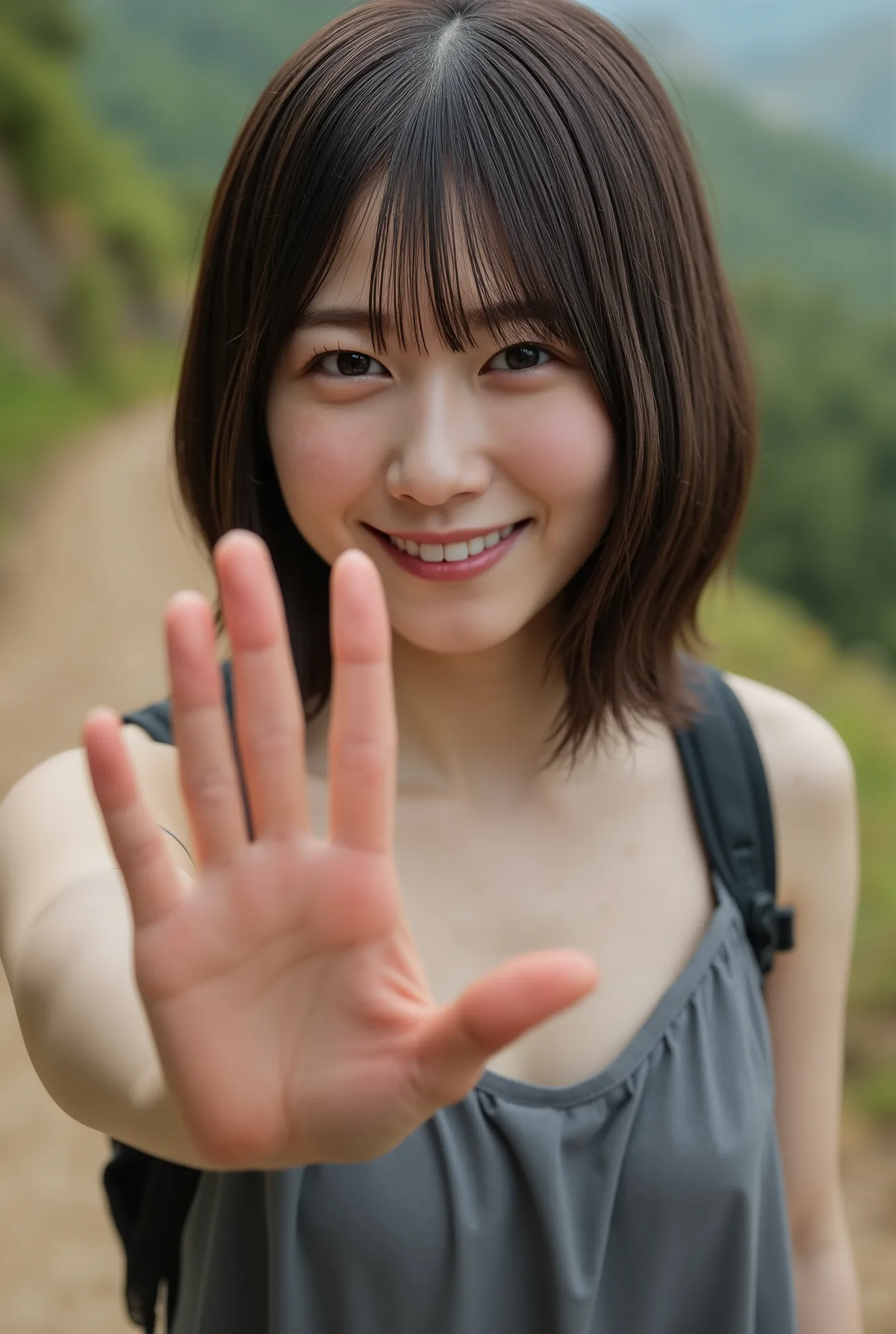photorealistic、 slip、グレーのショート slip、anatomically accurate, Details Hand , Thin fingers , perfect hand、Ultra high resolution、she blushed and looked at me、carrying backpack、Hiking Trails、