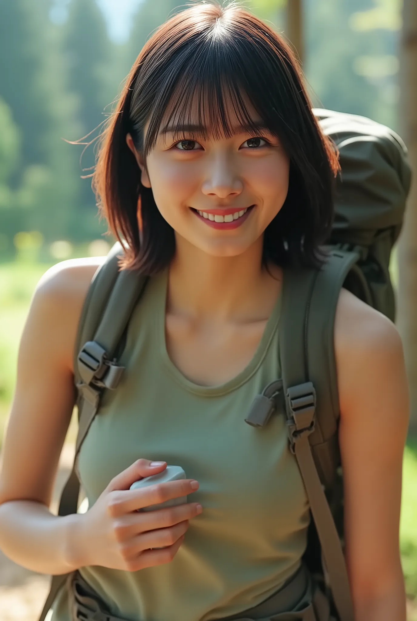 photorealistic、エレガントなシルクの slip、グレーのショート slip、 slip、anatomically accurate, Details Hand , Thin fingers , perfect hand、Ultra high resolution、she blushed and looked at me、carrying backpack、Hiking Trails、