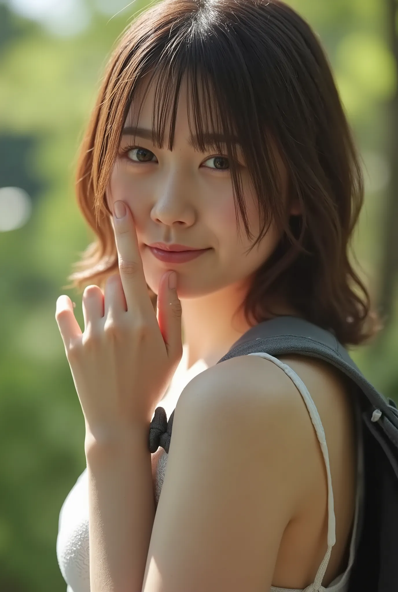 photorealistic、Silk slip、grey short slip、lingerie slip、 see-through slip 、anatomically accurate, Details Hand , Thin fingers , perfect hand、Ultra high resolution、she blushed and looked at me、carrying backpack、Hiking Trails、