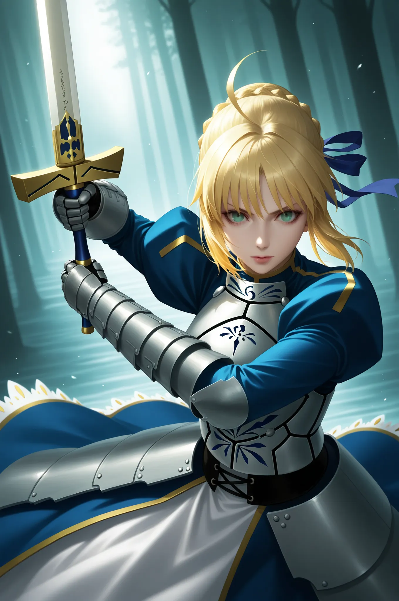 masterpiece, best quality, 2.5D, realistic, ,weapon, holding sword, 1girl, saber, fate_(series), 1girl, blonde_hair, green_eyes, tied hair
