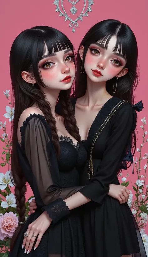 Best couple anime goth girlfriends, dark brown eyes, smiling, pale skin, flat pink background