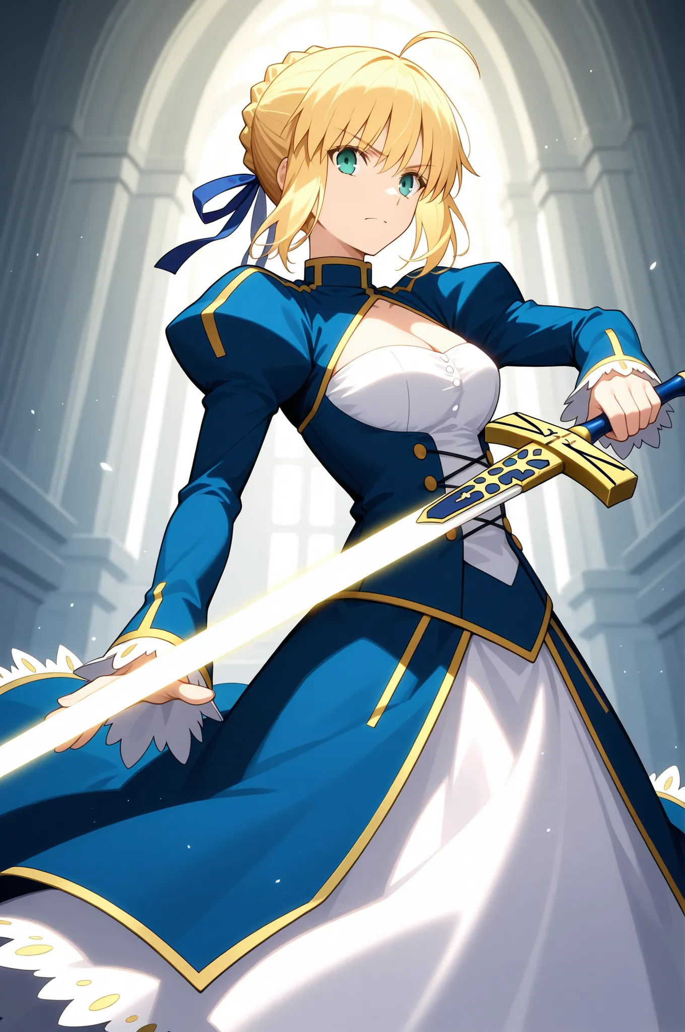 masterpiece, best quality, weapon, holding sword, 1girl, saber, fate_(series), 1girl, blonde_hair, green_eyes, tied hair
