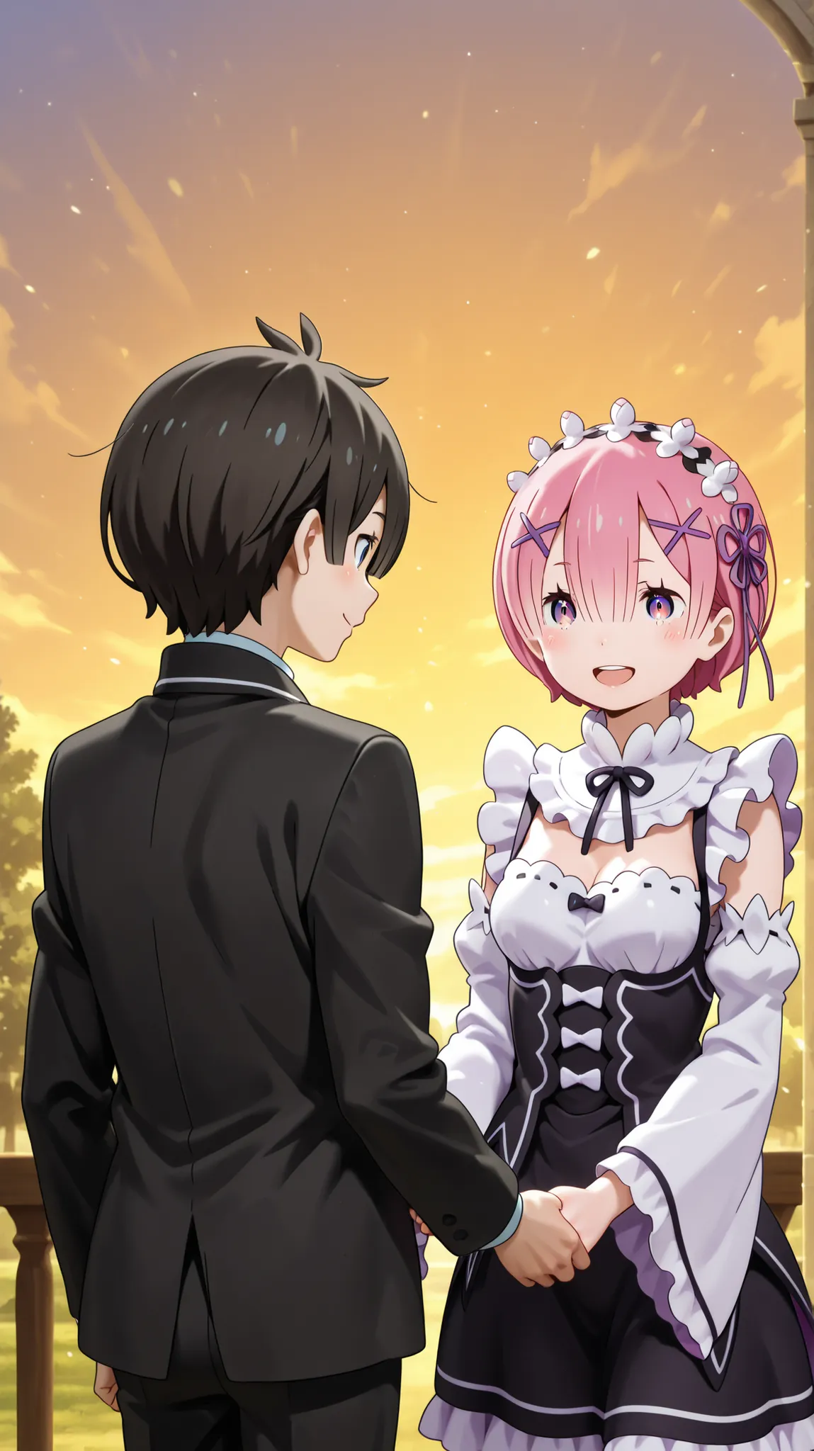 The picture shows Subaru and Ram from Re Zero, the best couple. They are happy with each other and hold hands