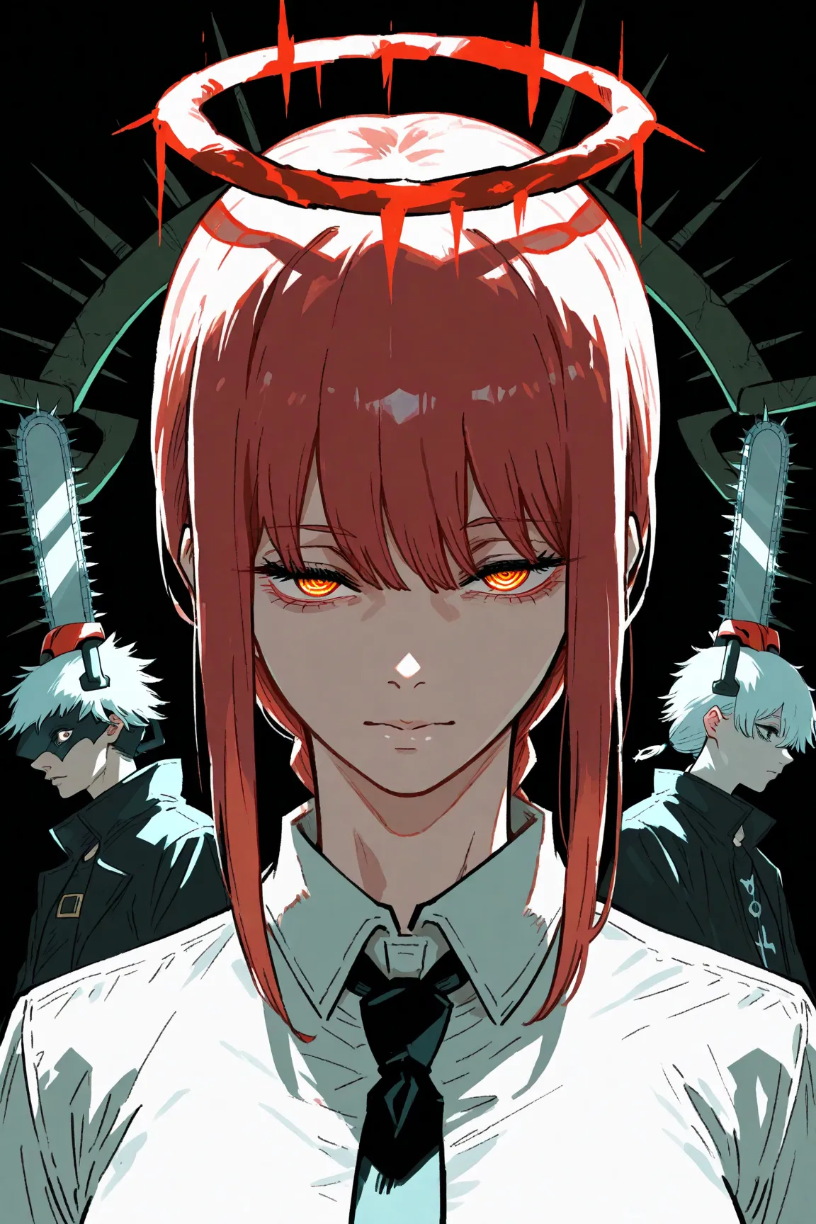Anime Style, Split Image, Makima (Chainsaw Man) With Red Hair and Halo, Gojo Satoru with White Hair and Halo, SecARATED by a black link, intestie Eye Color, Deetild Facial Features, Minimalist Background, Contrasting Light
